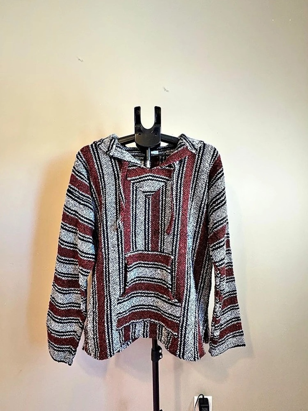 Vintage Style Baja Hoodie Drug Rug Burgundy Black White Striped XL